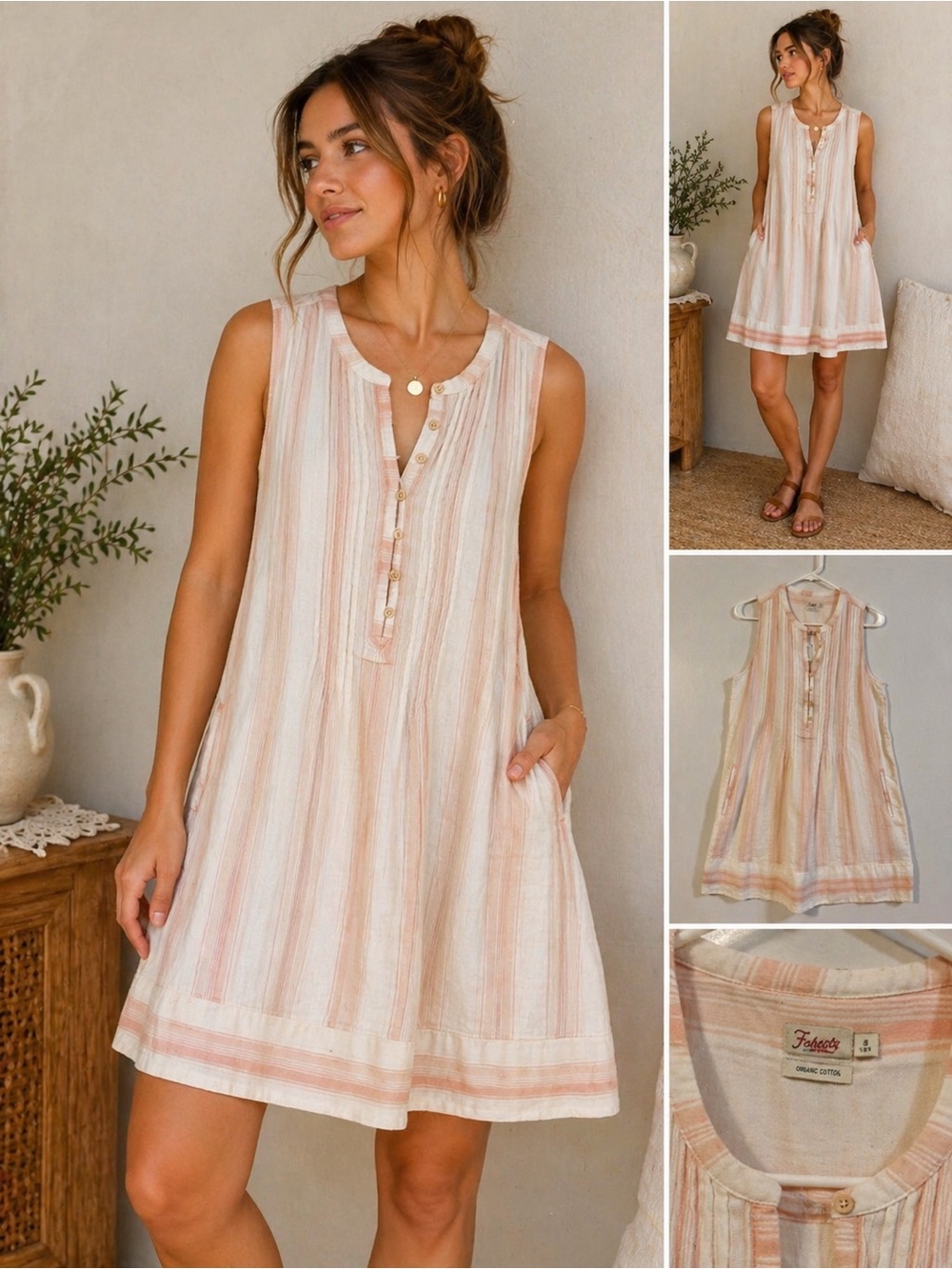 Faherty Organic Cotton Striped Tunic Dress Coastal Beach Boho Sleeveless Size S